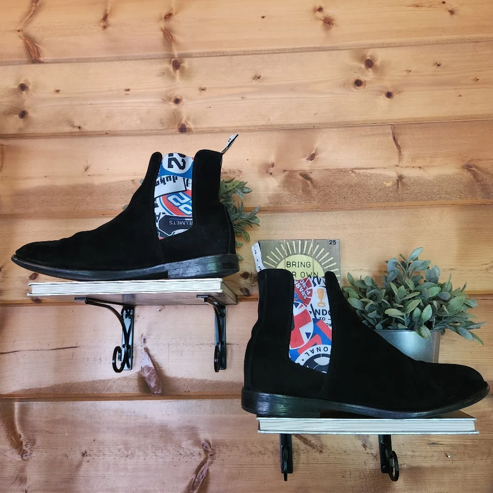 DUKE + DEXTER Woolf Handmade Black Suede Leather Chelsea Boot Racing Sport Sz 11